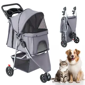 3 Wheels Pet Stroller Dog Jogging with Breathable Mesh Window, Large Storage Basket, Cup Holder, Blue