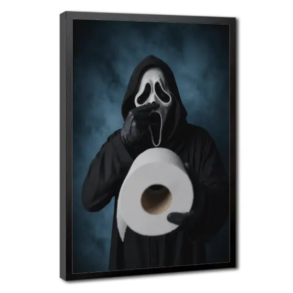 Funny Horror Mask Bathroom Poster, Toilet Paper Wall Art, Spooky Bathroom Canvas Print, Gothic Restroom Decor, Humorous Home Decoration, Bathroom Decor Ideas, Masked Figure