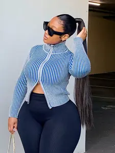 Women's Casual Fall Winter Blue Striped Zipper High Neck Fitted Soft Knit Jacket, Long Sleeve Pullover Coat, Fashionable Ladies Outerwear