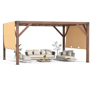 12x14 ft Wooden Pergola, Cedar Wood Gazebo with Arched Roof, Outdoor Garden Shelter with Stakes Included, Patio, Deck, Backyard, Lawn