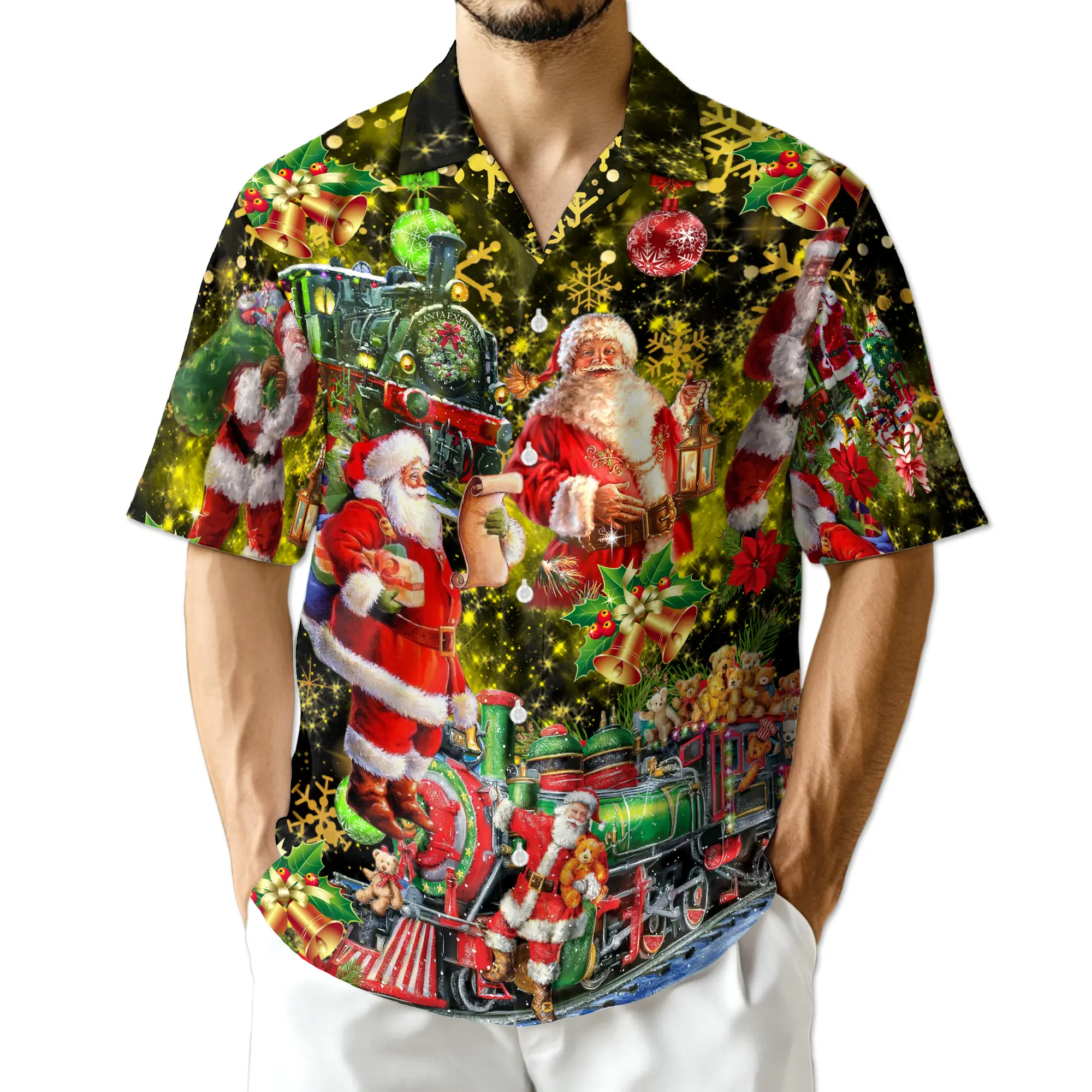 Christmas Santa Hawaiian Shirt, Holiday Train Button Down Shirt, Festive Snowflake Aloha Shirt, Funny Xmas Party Shirt for Men