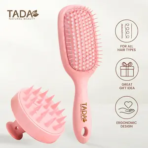 [TADA Natural Beauty] 2pcs Pink Shampoo Brush and  Set - Multi-Purpose Scalp Massager for Hair Growth and /Comb - Biodegradable Hair Care Essentials with Massaging Tips for Curly Straight Hair Greenish Spring for Mother Self Care Kit girls hairbrush
