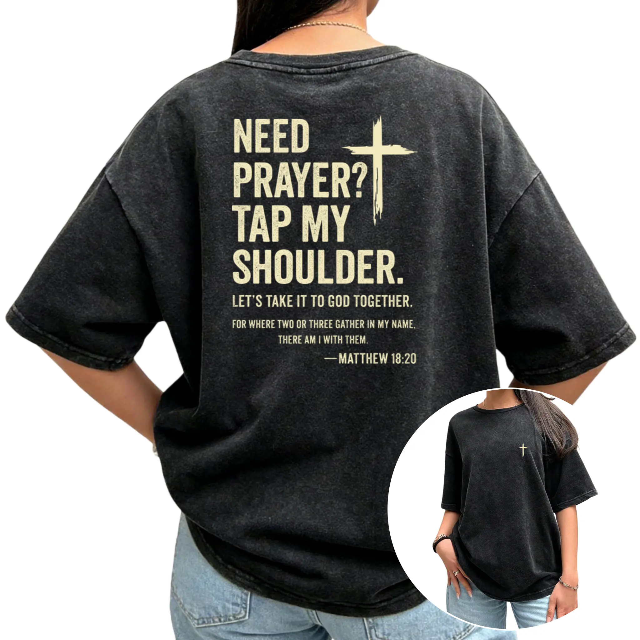 Women's Casual Cotton T-Shirt with Spiritual Prayer Quote Digital Print, Short Sleeve Crew Neck Washed Streetwear Style