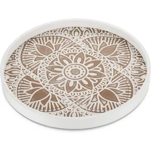 Decorative Serving Tray Round: Farmhouse Coffee Table Decor Boho White Mandala Trays for Living Room Kitchen Bathroom Display