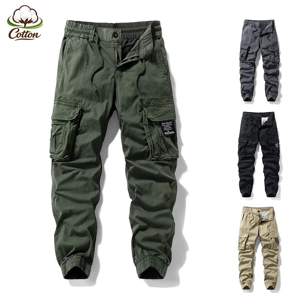 Utility Label Detail Cotton Jogger Cargo Pants, Adjustable Drawcord Elastic Cuff Work Trousers - Breathable 4 Tone Mens Outdoor Camping Travel Minimalist Casual Daily Bottoms