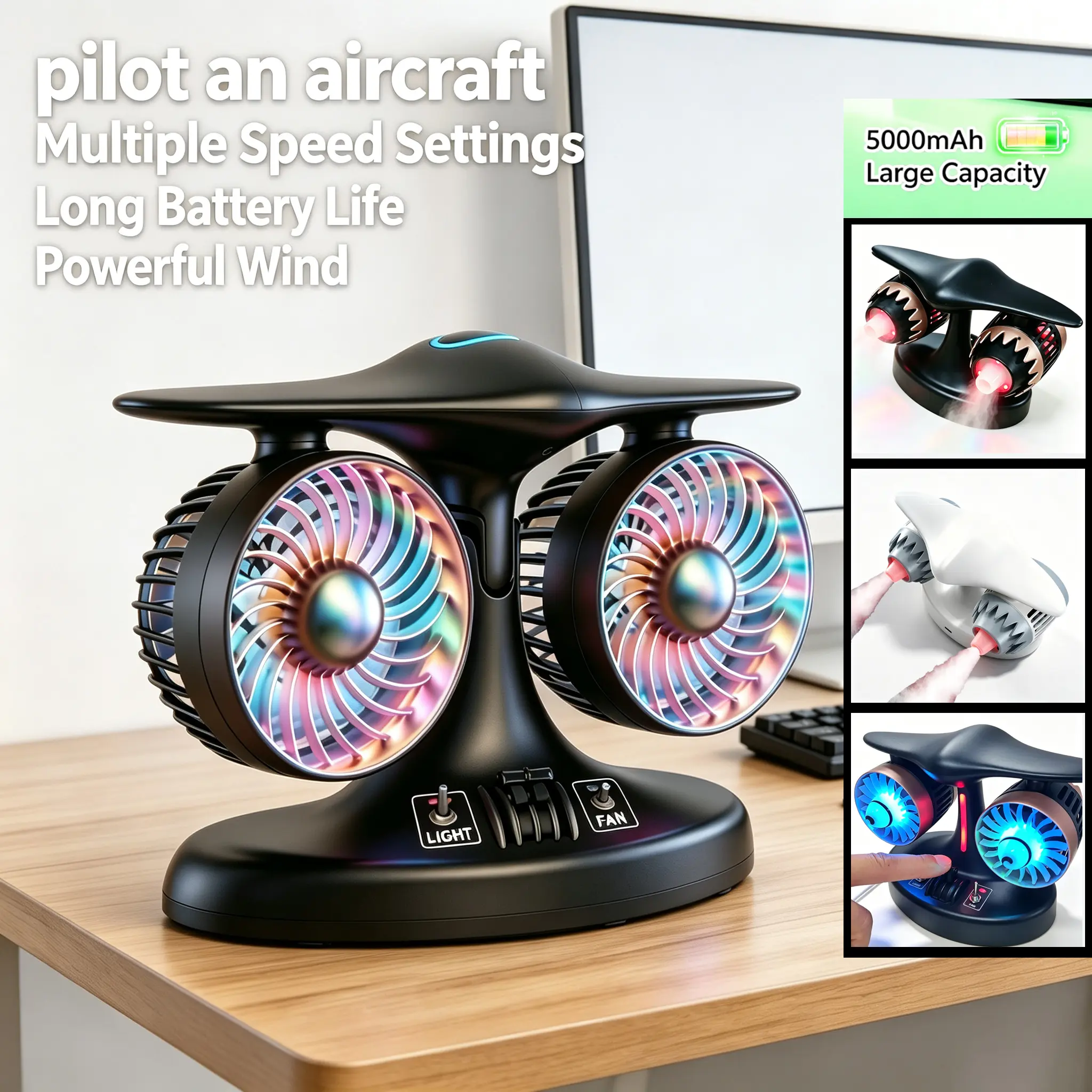 Twin-Turbine Jet Fighter Desk Fan with Throttle Speed Adjustment & Spray Humidifying, DIY Desk Decor, RGB LED Night Light, 5000mAh Battery for 18H Use, Ultra Quiet, Multi-Angle Tilt, USB-C Fast Charging Portable Fan, Rechargeable Desk Fan, Turbo Fan Jet