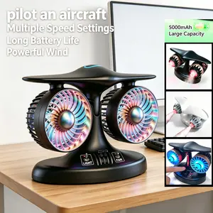 Twin-Turbine Jet Fighter Desk Fan with Throttle Speed Adjustment & Spray Humidifying, DIY Desk Decor, RGB LED Night Light, 5000mAh Battery for 18H Use, Ultra Quiet, Multi-Angle Tilt, USB-C Fast Charging Portable Fan