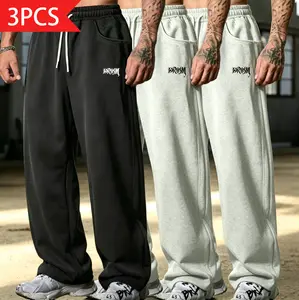 Men's 3-Piece Wide-Leg Sweatpants Set - Comfy Uncuffed Aesthetic Pants, Baggy Barrel-Leg Track Pants, Letter-Print Bottoms for Street Skateboarding, High-Street Commuting, Aesthetic Men's Pants, Comfy Men's Pants