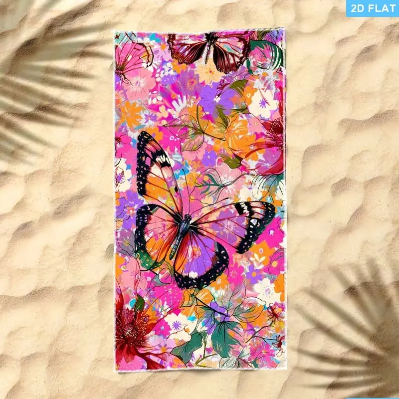 Butterfly Floral Beach Towel, Microfiber Material, Multiple Specifications Available, Single-Sided Color, Vibrant Flower Nature-Inspired Design, Ideal for Beach & Pool Use, Quick-Dry & Soft, Stylish Home & Outdoor Accessory