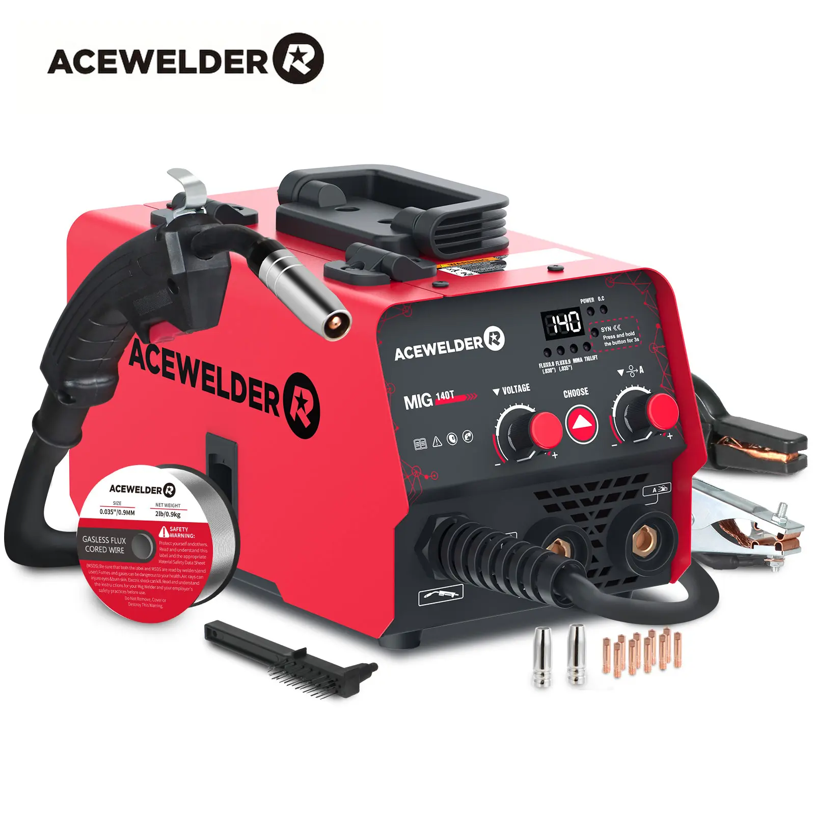 Acewelder 140A 110V Gasless MIG Welder - 140A 3-in-1 Portable Welding Machine for Flux Core MIG, Lift TIG, & Stick Welding, Inverter Synergic Wire Feeder Welder for Home DIY
