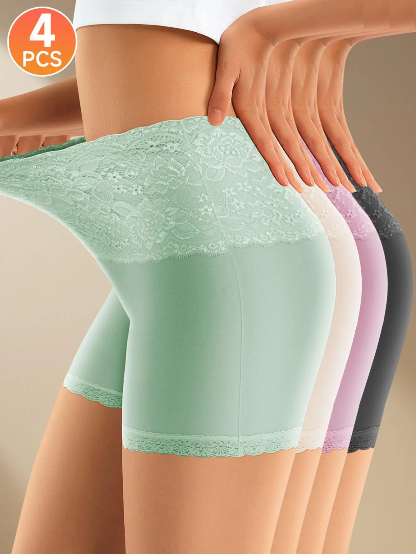 Women’s 4-Pack High-Waisted Cotton Lace Shapewear Shorts Solid Color Panties Breathable Soft Stretch Full Coverage Lightweight Comfortable Basic Fit Everyday Underwear S-XXL