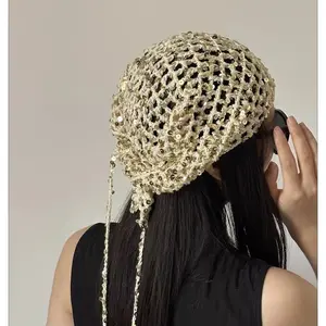 French-style vintage knitted sequin hollow triangle scarf headscarf ethnic style women's travel cute handmade crochet headb