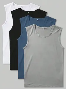 Men's Casual Tank Top Set, 4 Piece Set, Multiple Colors Available, Sleeveless Design, Elastic Breathable Fabric, Perfect for Daily Wear, Sleeveless Basic Tanks, Sleeveless Shirt
