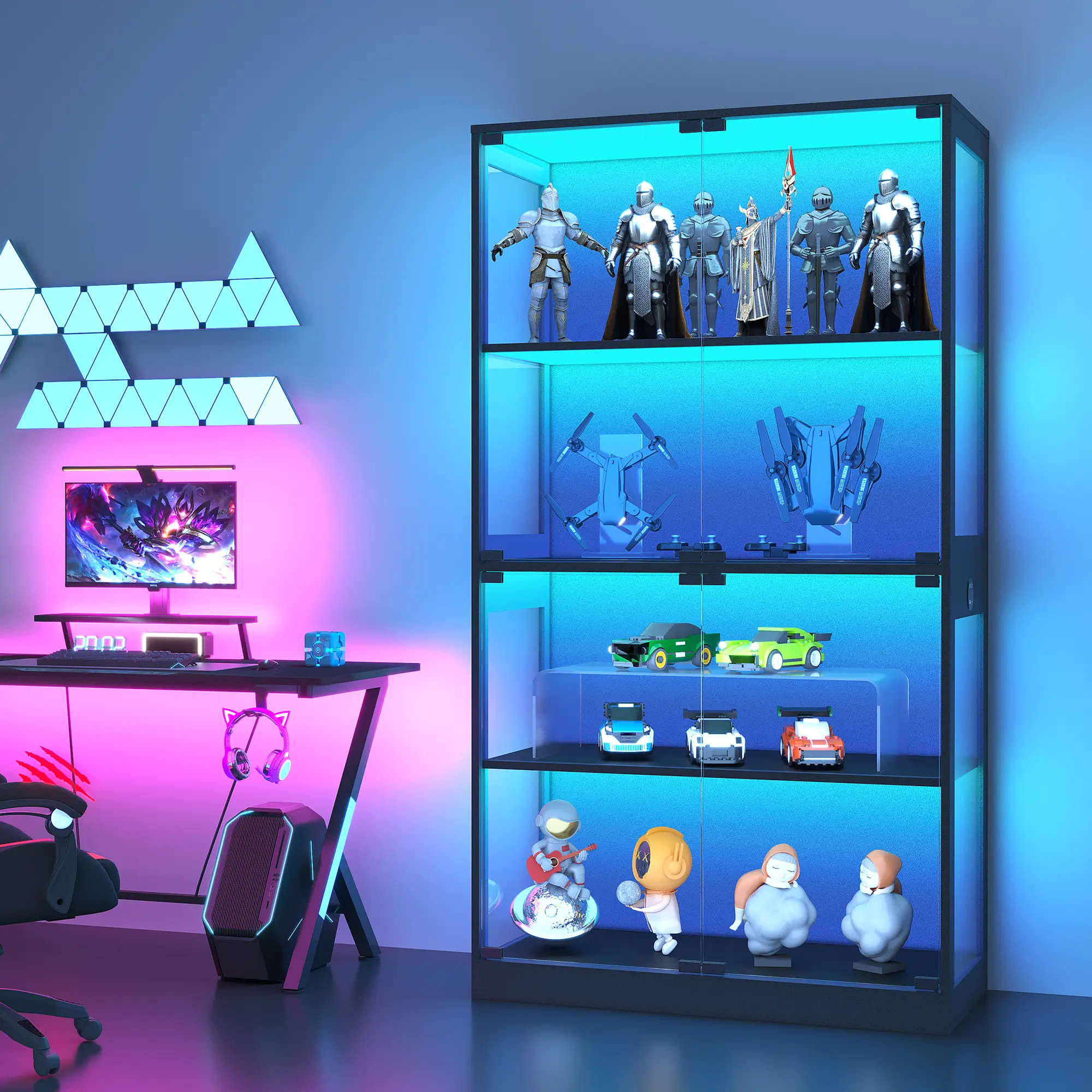4‑Tier Curio Cabinet Display Cabinet, Glass Display Case with Glass Doors W/ LED Lights & Charging Ports & Open Shelf & Human Body Sensor – Storage Showcase for Collectibles