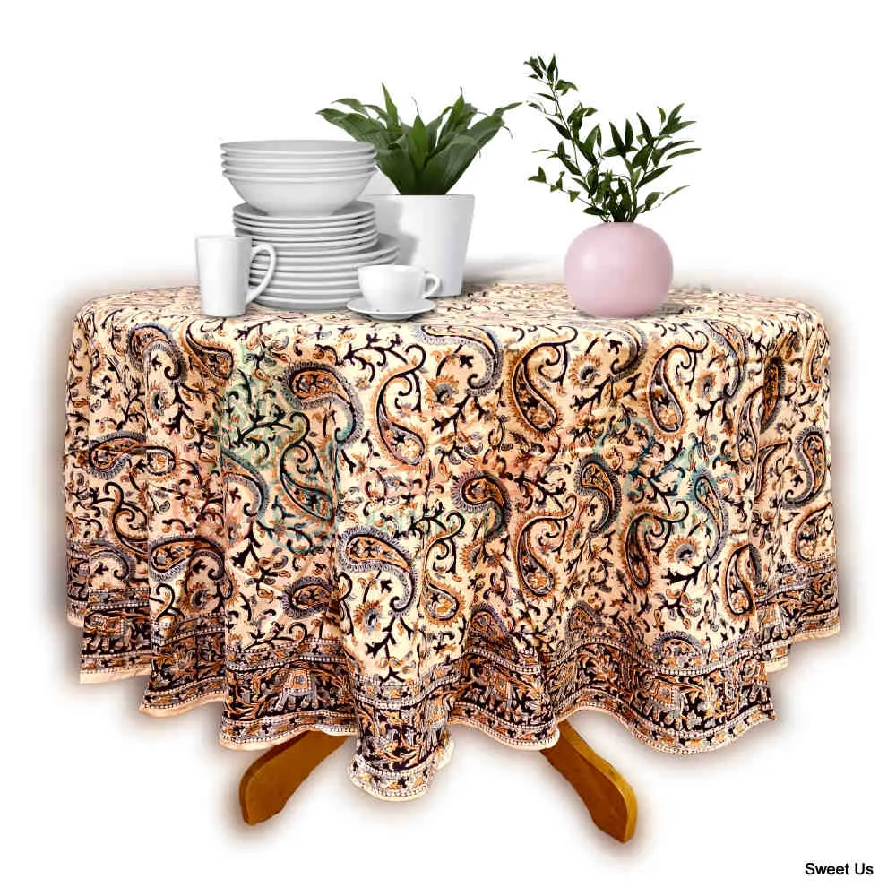 Paisley Reverie Hand?Block Printed Cotton Round Tablecloth — Indigo Sand