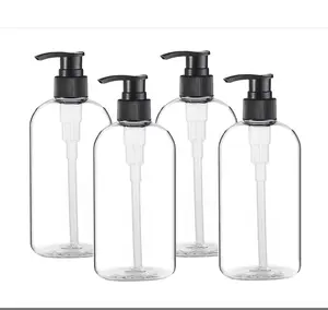 Empty Plastic Pump Bottles Dispenser 4 Pack 16oz/500ml Portable Clear BPA-Free Cylinder Shampoo Lotion Hand Pump Bottle Durable Refillable Containers