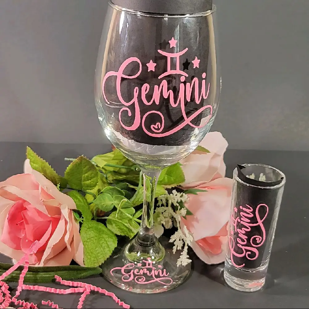 Gemini Zodiac Drinkware Set Pretty in Pink - 20 oz Stemmed Wine Glass & 2 oz Shotglass - Elegant Gemini Inspired Collection