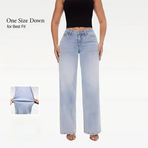 [Petite]Mid-low Rise Baggy Jeans Stretchy Wide Leg for Women Distressed Pants Womenswear Bottom 8001 Lady Basic Minimalist Comfortable Denim Tummy Control Curve Hugging Plus Size Regular Size BBL