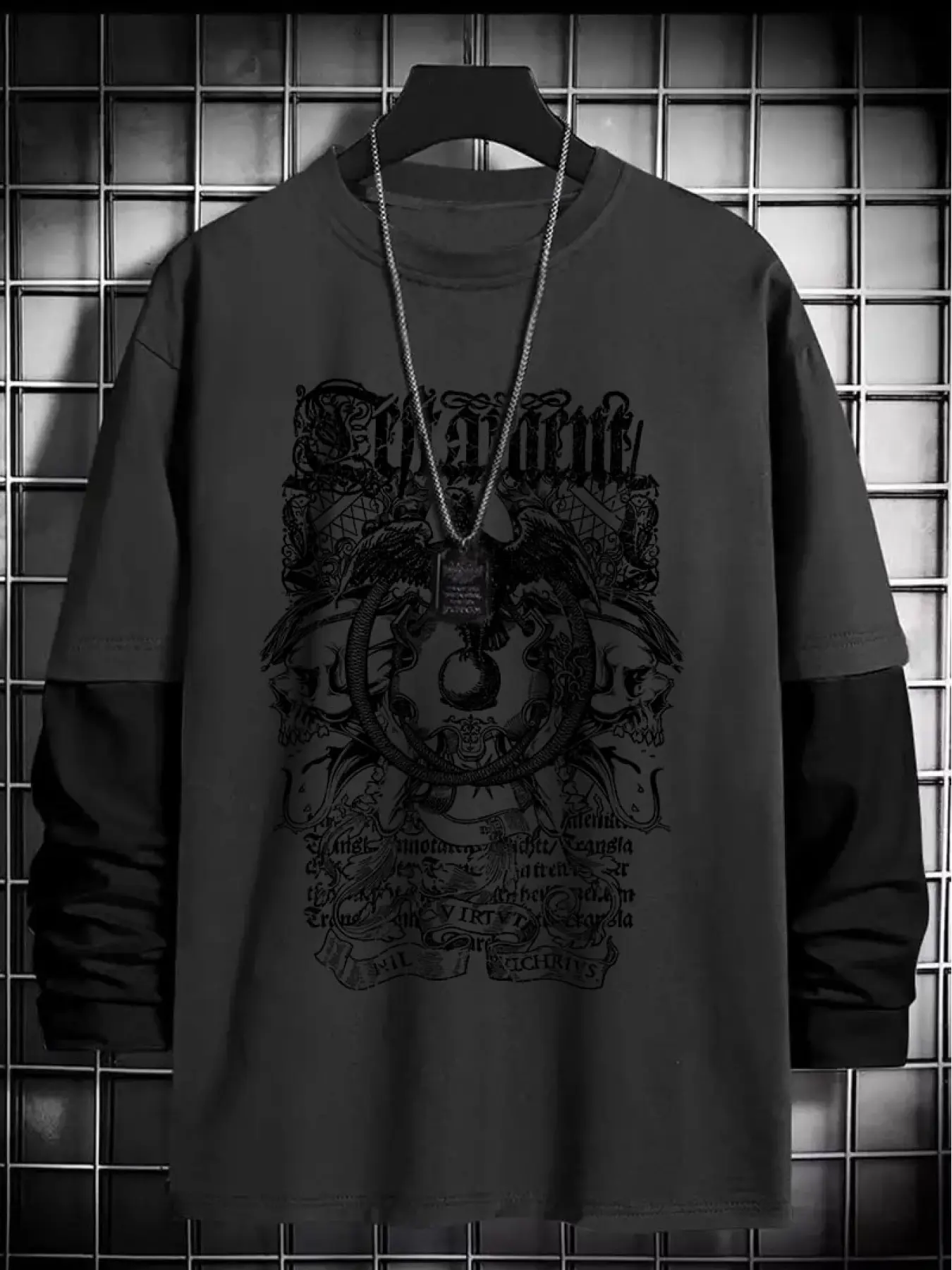 Gothic Geometric Print Loose Fit Long Sleeve Round Neck T-Shirt, Casual Loose Tee, Fashion Streetwear Style Casual Top, Comfortable Trendy Gift for Fall Season