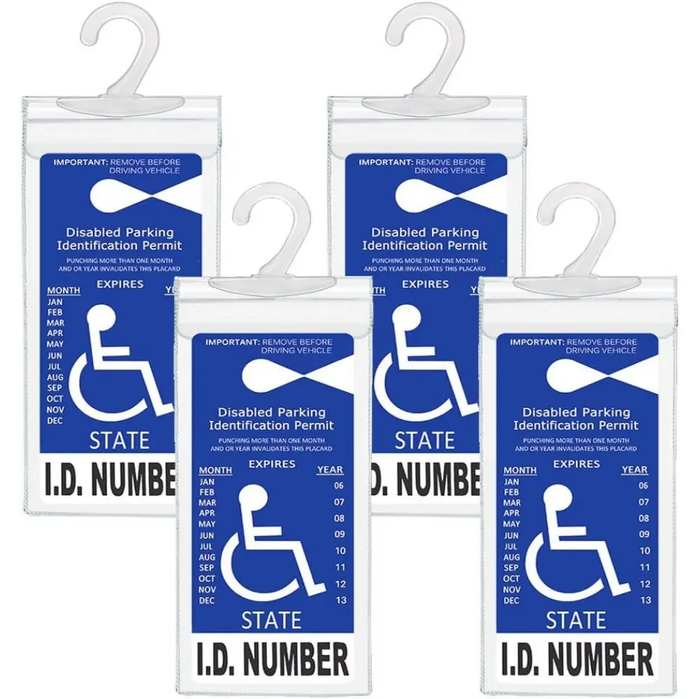Disabled Parking Placard Holder (Set of 4) - 10.6x5 in Car Tax Disc Holder for Multiple Car Rearview Mirror, Easy Display, Protects from Bends, Tear-Resistant, Built-in Large Plastic Hook