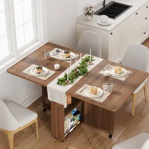 Garvee Upgraded Folding Dining Table，foldable compact kitchen table built with storage compartments, drawers, shelves plus 6 movable wheels，practical household dining desk suited for various small spaces