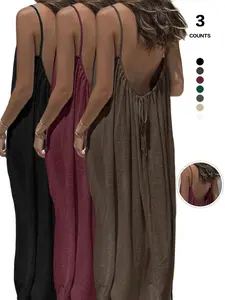 Women's Lazy Style Open Back Spaghetti Strap Sleeveless Maxi Dress, Drapey Loose Fit, Casual Fitted Drawstring Design, Plain Pattern, Spring & Fall Wear