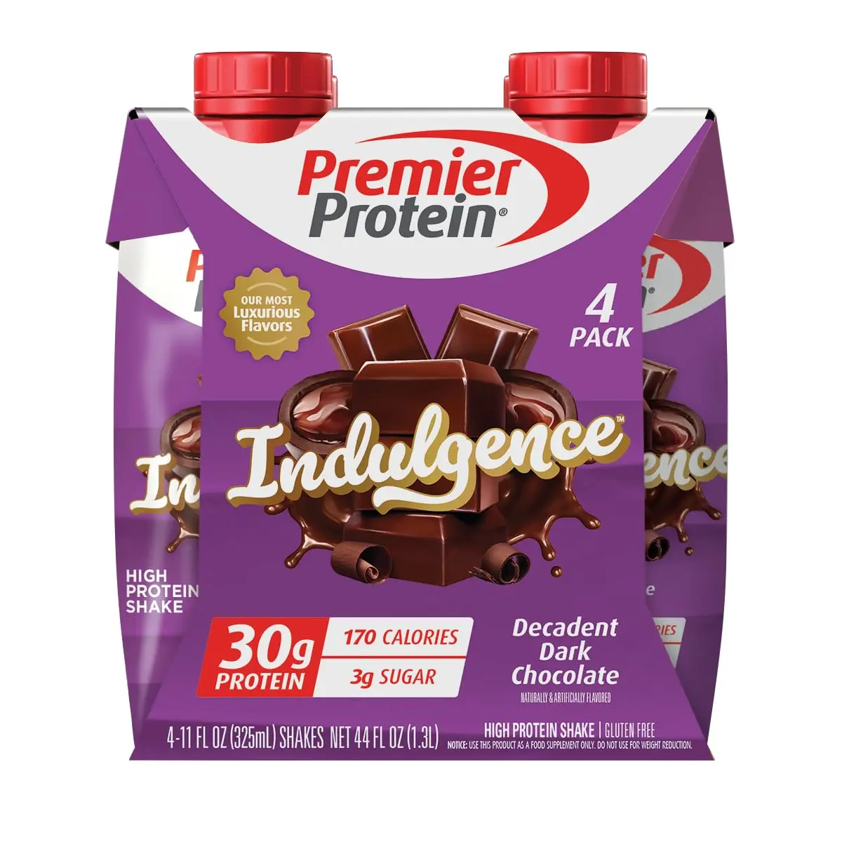 Premier Protein Shake INDULGENCE, Decadent Dark Chocolate, 30g Protein, 170 Calories, 3g Sugar, 11 fl oz, 4 Pack (Packaging May Vary)
