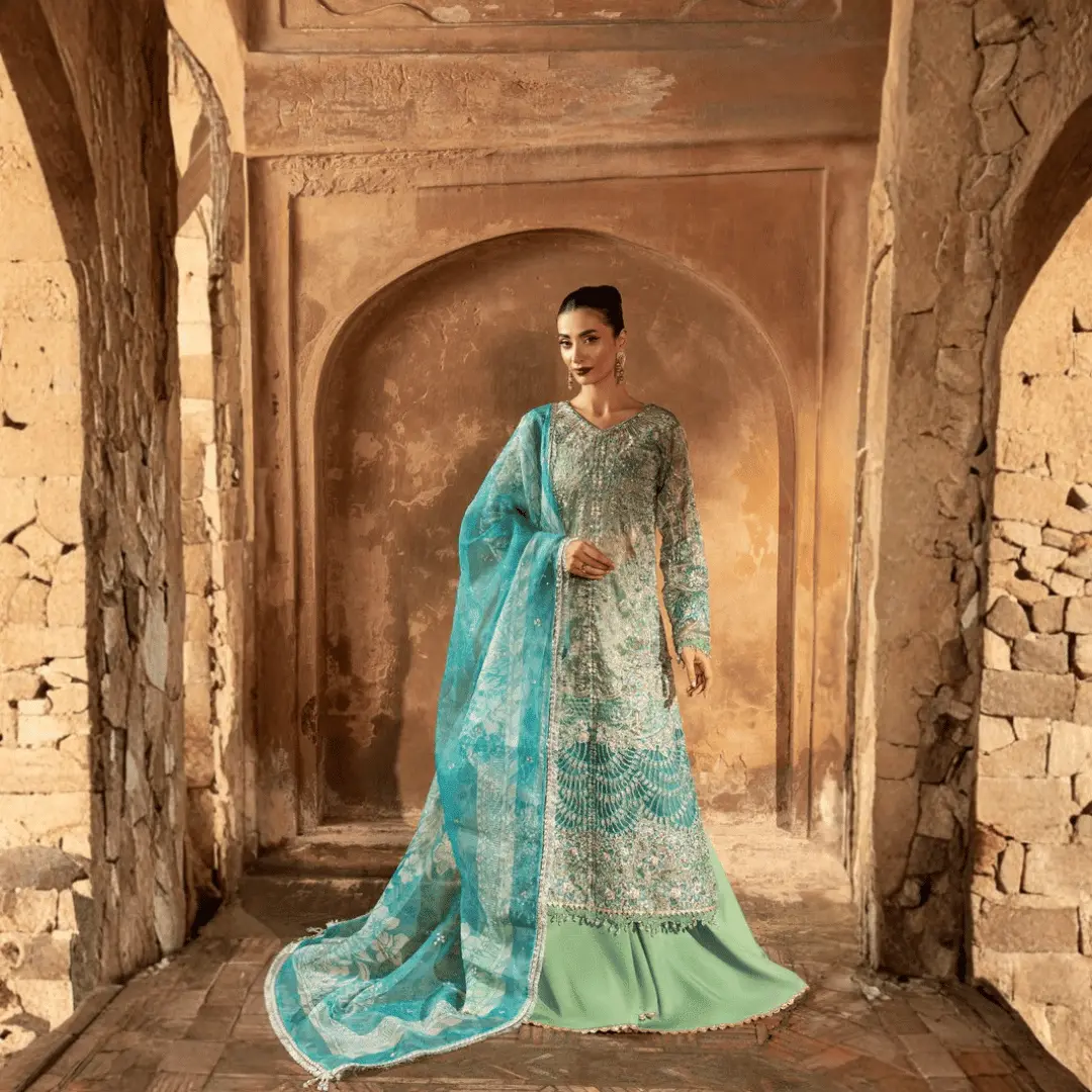Ocean Bloom | Aylin – Green & Aqua Hand-Embellished Zari Gharara Set with Organza Dupatta