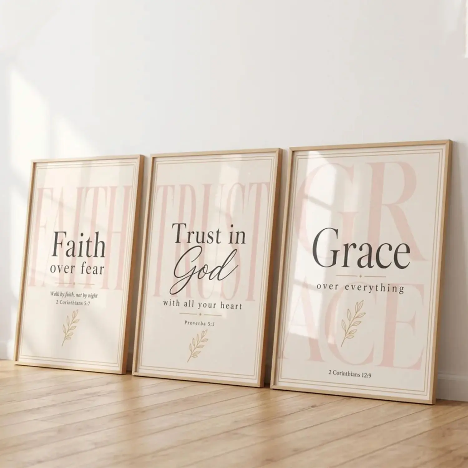 Set of 3 Bible Verse Prints, Christian Wall Art Print, Faith Over Fear, Trust in God, God is Within Her, Neutral Pink Decor for Women