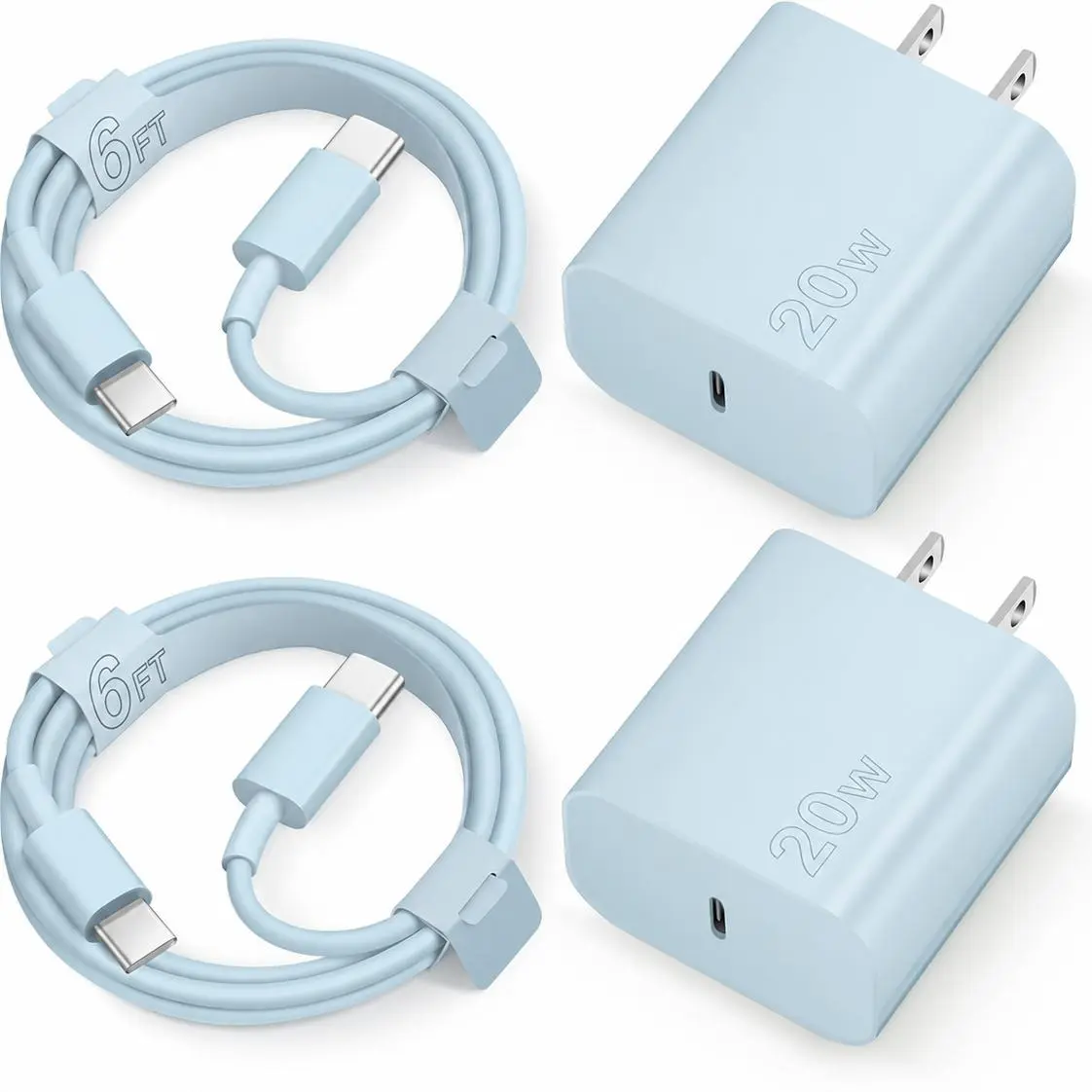 2-Pack Multiple Colors Available 20W Fast Charging USB-C Wall Charger Block with 2-Pack 6FT USB-C to USB-C Braided  Cable for iPhone 17/17 Air/16/15 Pro Max，AirPods, iPad and so on tiktokshopbacktoschool,back to school,back to school haul
