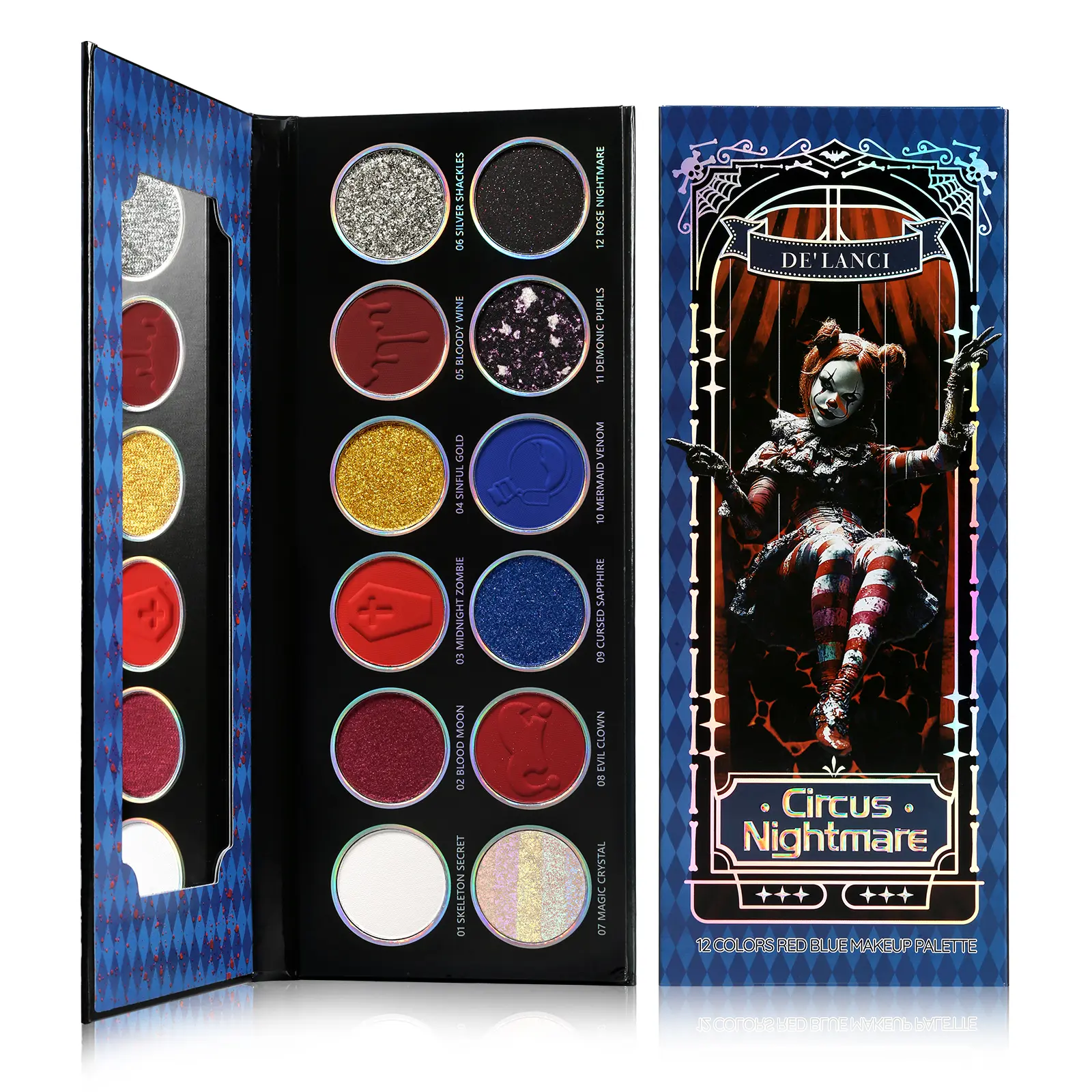 delanci Circus Nightmare Glitter Eyeshadow Palette, 12-Color Cosmetic with Matte, Shimmer & Chameleon Finishes, Highly Pigmented for Long Lasting Clown Makeup, Glitter Palette, Highly Pigmented Palette