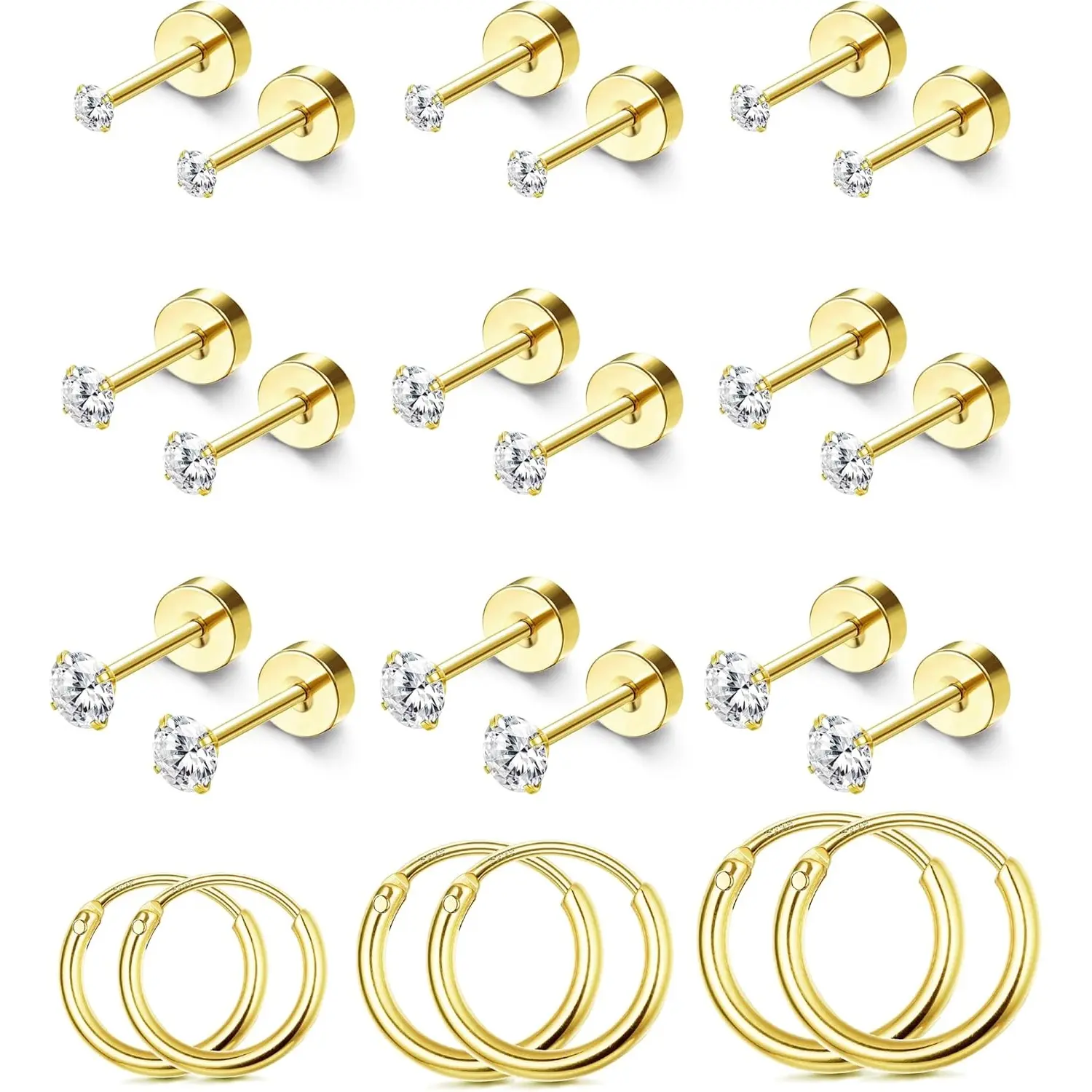 Tiny Hypoallergenic Flat Back Earrings - Surgical Steel for Women & Men 14K Gold Plated 2/3/4mm Screw Back Earrings 12 Pairs