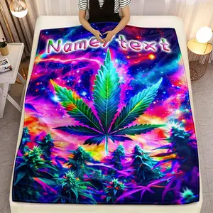 Custom Name Fantasy Cannabis Leaf Print Flannel Blanket | 100% Polyester, Lightweight, All Seasons, Tear Resistant, Fabric, Digital Print, Glam Style, Cozy Bedding for Home, Office, Sofa, Travel, Camping, 280gsm