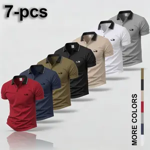 Men’s 7 pack knit polo shirts with pearl embellishments; wrinkle resistant, anti pilling, antistatic polo T-shirts; everyday polo shirts; minimalist style; office casual short-sleeve T-shirts; breathable solid-color polo shirts with a turn-down collar.