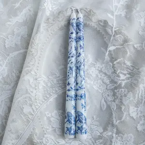2-Pack Blue Pattern Long Candle Sticks, 9.84 Inch Vintage Floral Decorative Candles, Wedding Banquet Home Party Table Decoration