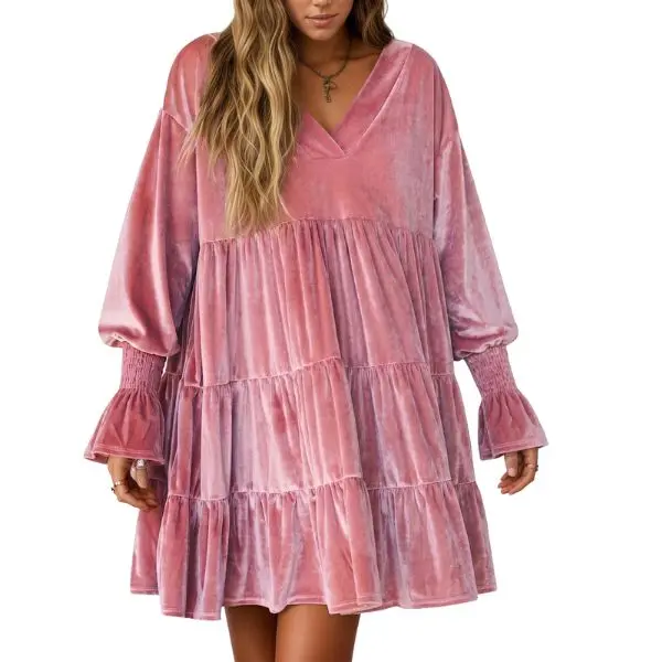 Fisoew  Elegant Velvet Loose Tiered Swing Dress, V Neck Bubble Long Sleeve Smocked Flare Cuff Babydoll Mini Dress for Holiday Dinner Date Night Fall Outfit, Women, Oversized, Silky, Ruffle