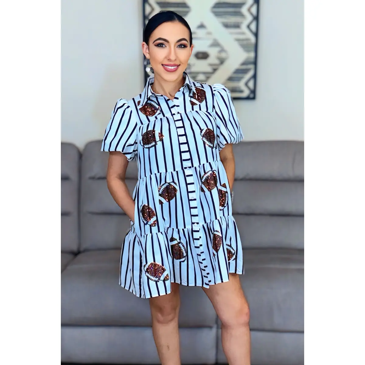 Women's Sequin Football Dress - Stripes Style, Casual Wear, Flattering Fit for Game-Day Glam