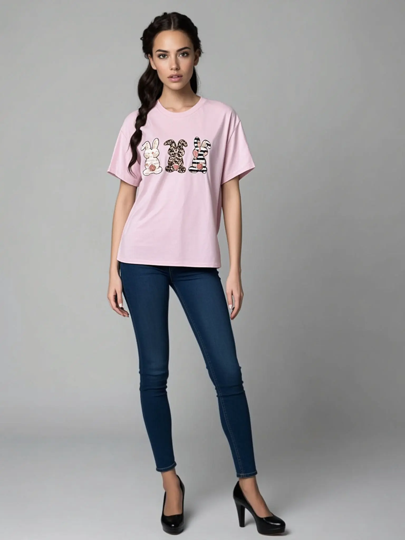 Sweet Easter Tees! Rhinestone Bunny Graphic Printed Tee - Light Pink Gildan Shirt with Floral Leopard Zebra Bunny Silhouettes & Glittery Tails - Top