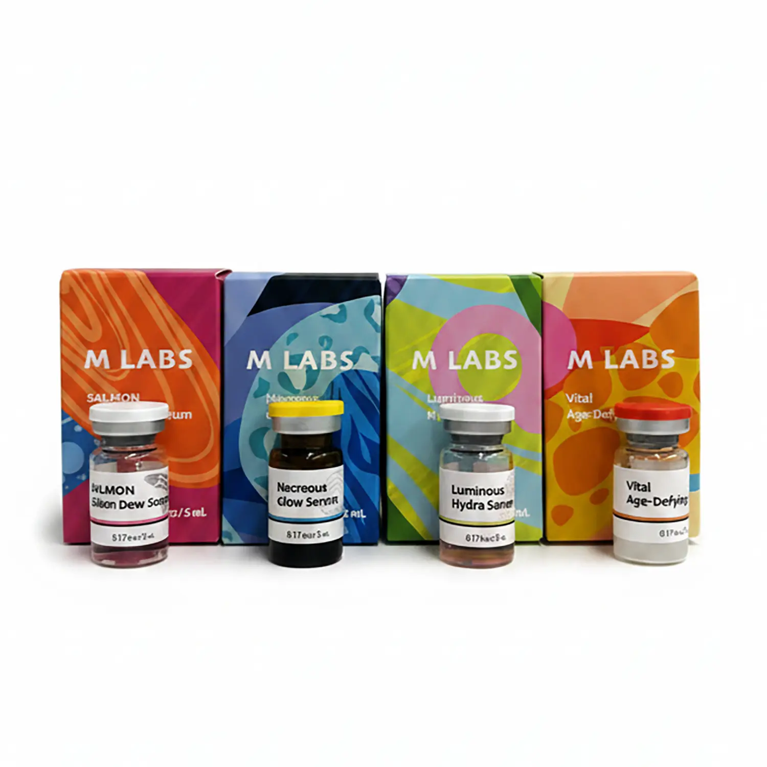 Set of 4 M LABS Facial Serums Variety Pack, Nacreous Glow Serum, Luminous Hydra Serum, Vital Age-Defying Serum, Salmon Silken Dew Serum, Assorted Facial Essence Collection, Each Bottle 5ml