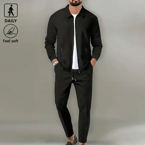 Men's 2-Piece Minimalist Solid Color Polyester Clothing Set - Collared Long-Sleeve Casual Fitted Top Coat & Straight Pants, Soft Fabric, Machine Washable, All-Season Daily/Outdoor Leisure Menswear