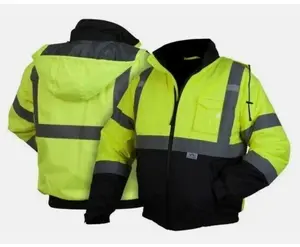 HIGH VISIBILITY INSULATED HI VIS REFLECTIVE ROAD WORK SAFETY BOMBER JACKET COAT with Hood and Pockets