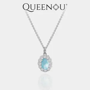 【1014】6x9mm Oval Natural Larimar Earring & Necklace Set | Petal-Shaped White Zirconia Halo | Sterling Silver | Matching Floral Design Jewelry Suite