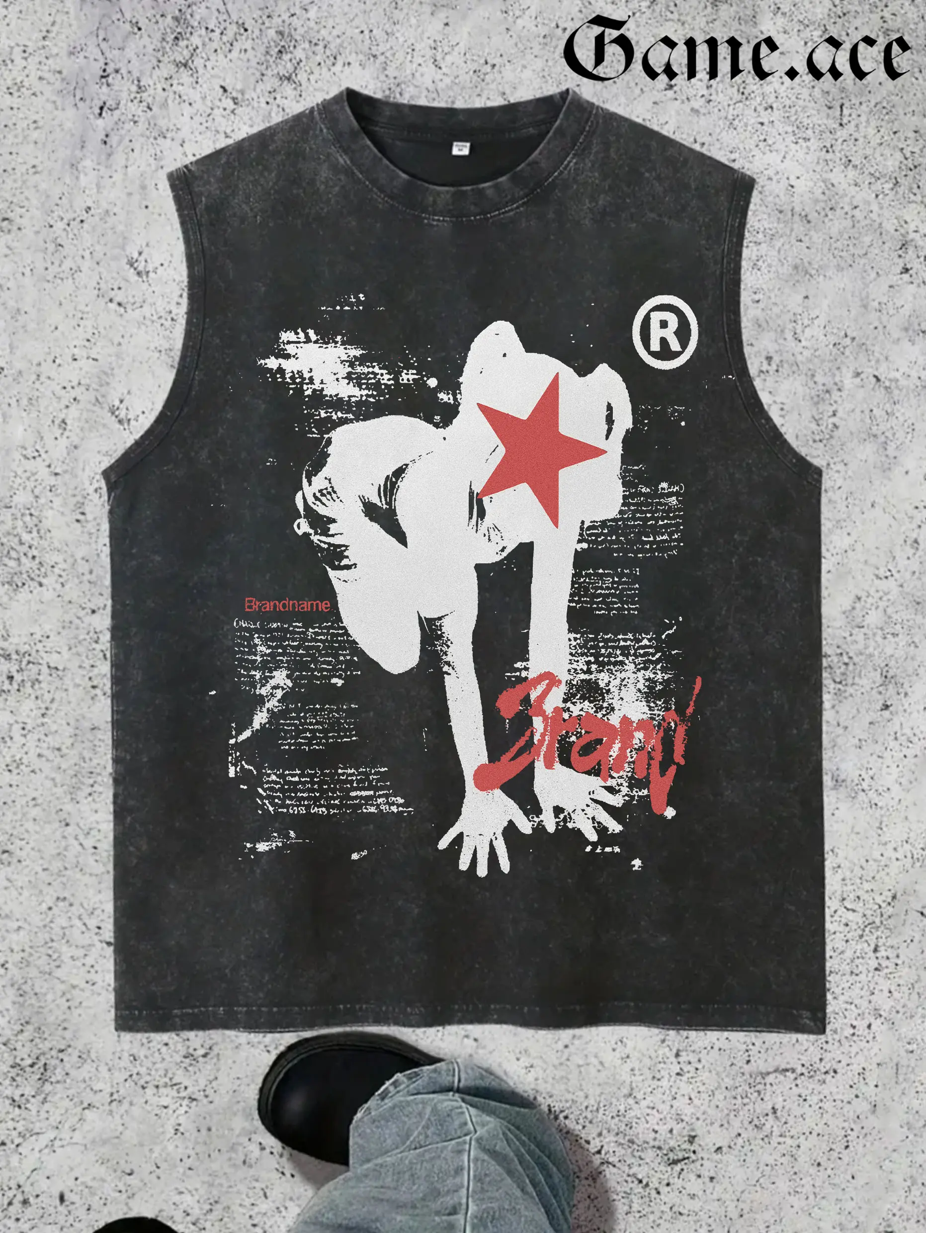 1 PCS GAME.ACE Retro Washed Black Sleeveless Tank Top, Abstract Star Figure Graphic, Edgy Y2K Streetwear Style, 100% Cotton Unisex Oversized Vest, Casual Daily Wear, Great Gift for Alternative Streetwear Fans