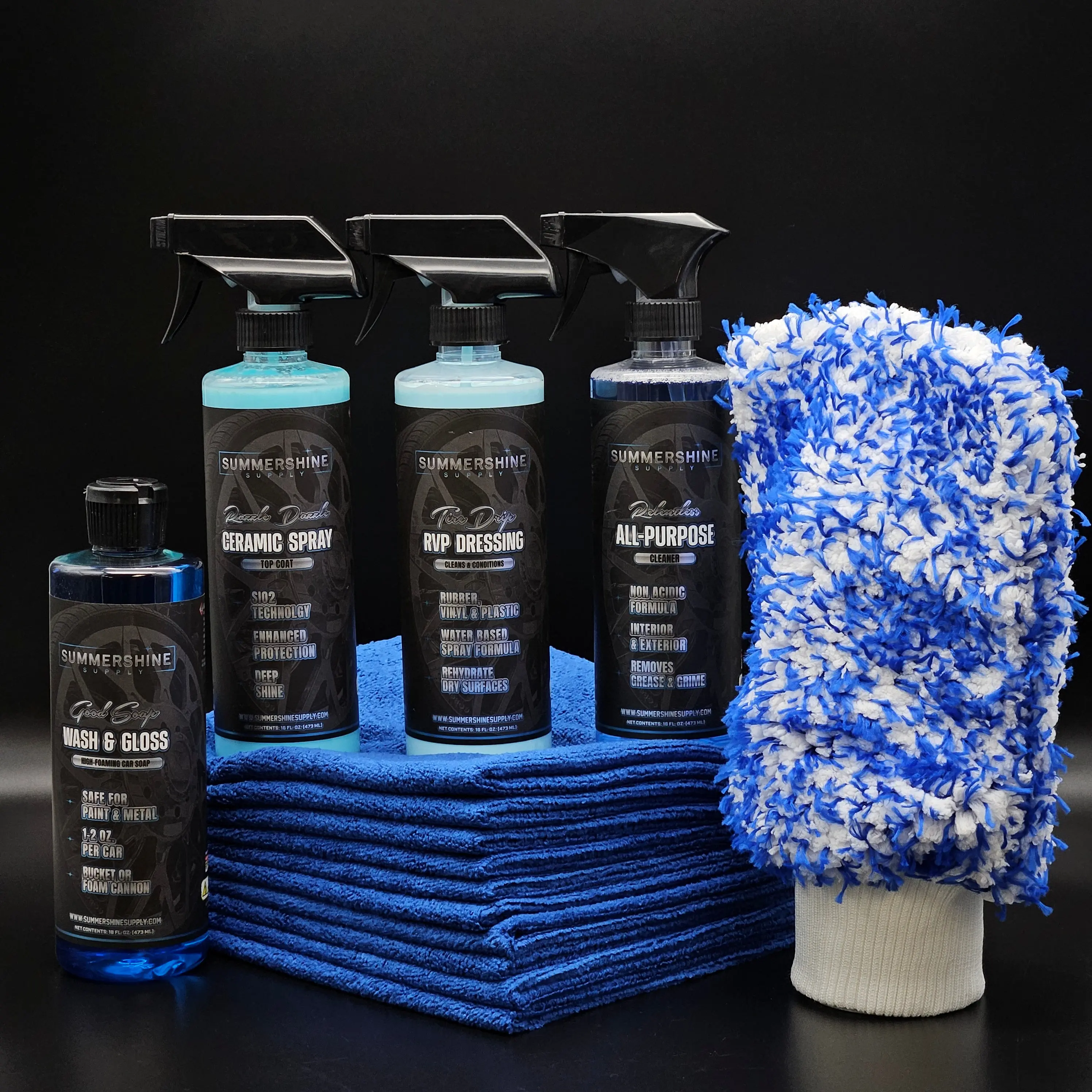 SummerShine Supply Spring Clean Car Cleaning Supplies Bundle - Good Soap, Razzle Dazzle Ceramic, Tire Drip, Relentless All-Purpose Cleaner, Microfiber Wash Mitt