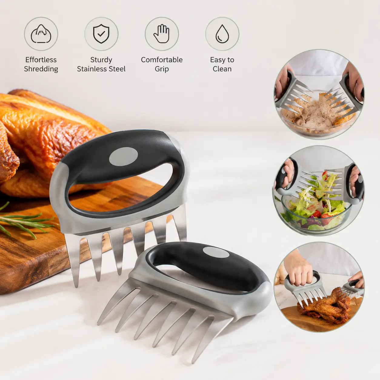 1 Count, Stainless Steel Meat Claw, Non-slip Handle, Multi-function Kitchen Tool for Shredding Cooked Meat and Mixing Salad