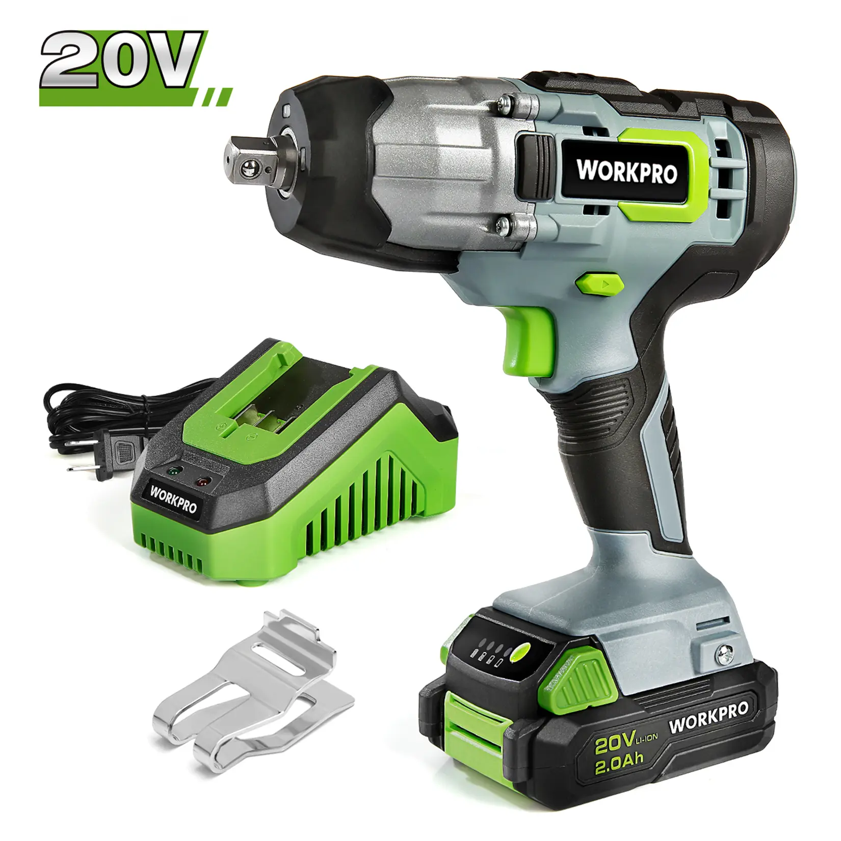 #fathersdaygift WORKPRO 20V Cordless Impact Wrench, 1/2-inch, 320 Ft Pounds Max Torque, 2.0Ah Li-ion Battery with Fast Charger, Belt Clip for Easy Carrying