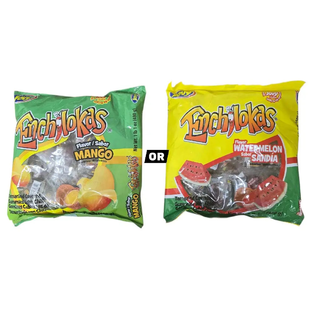 Jovy Enchilokas Mango or Watermelon 1lb 1oz Bag Tamarind covered gummies with chili