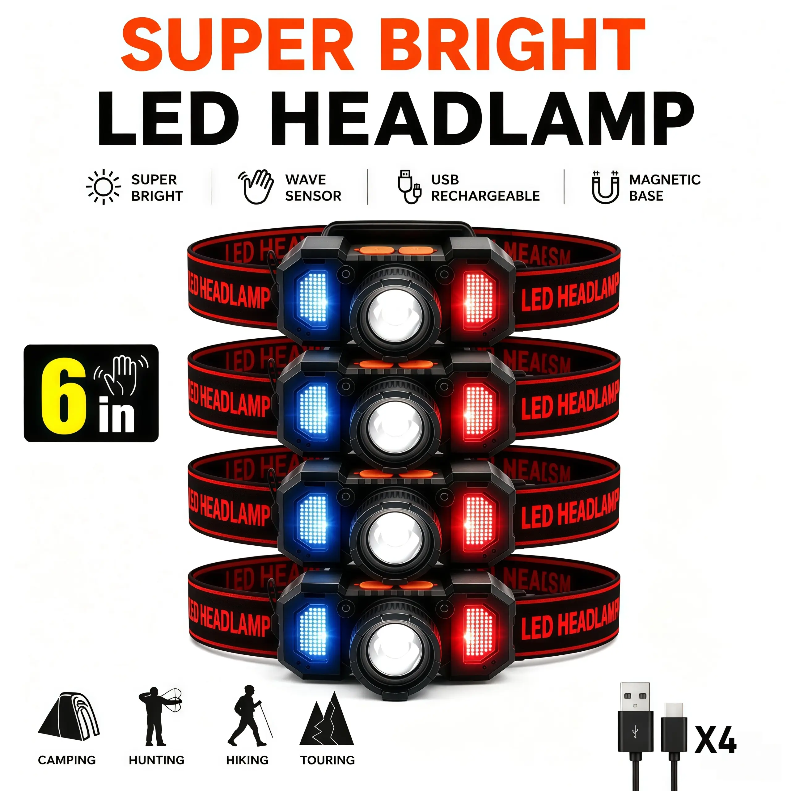 4 Pack Gesture Sensing LED Headlamp, USB Fast Rechargeable Zoomable Head Flashlight, COB Head Light with 6 Lighting Modes, Red & Blue Warning Light for Hunting, Patrol, Hiking, Running, Outdoor Night Activities