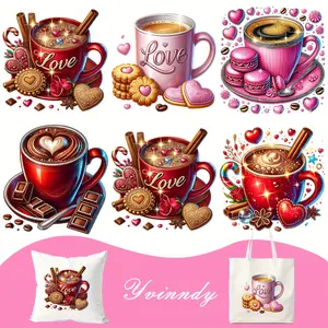 Valentine's Day Coffee Theme Heat Transfer Stickers Decoration 6-Piece Set, suitable for DTF heat transfer, UV-resistant, washable heat-sensitive vinyl patches, for decorating clothing, T-shirts, pillows, and canvas bags.