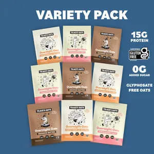Trace’s Oats Variety Pack – 9 Pack High Protein Overnight Oats, 15g Protein, 0g Added Sugar, Gluten & Glyphosate Free, 60 Second Prep | 9 Pack, 3 Flavors